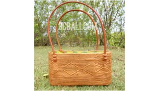 ladies handbag leather handle straw ata grass with lining